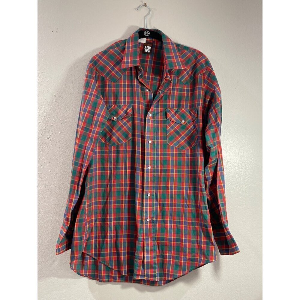 VINTAGE KARMAN SHIRTS MEN WESTER COWBOY PLAID LONG SLEEVE